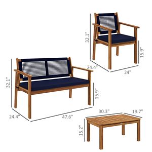Set 4 mobili da giardino in legno di Acacia blu con cuscini e tavolino a doghe per cortile - Product Image 3