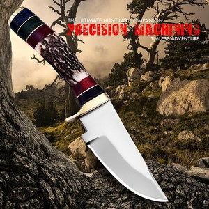 Cuchillo de desollar de hoja fija de acero 12c27 personalizado con mango de asta de ciervo, ODM OEM, espiga completa, para bushcraft, camping y uso general, con funda de cuero - Product Image 1
