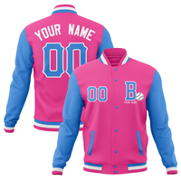 Blouson universitaire personnalisé rose et bleu pour homme, style baseball, avec lettres 00 et nom d'équipe imprimés, broderie frontale, pour l'automne