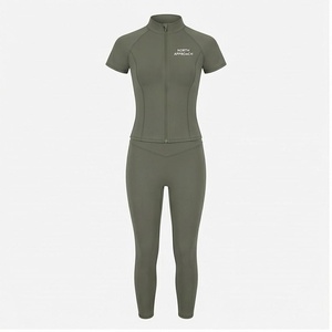 North Approach 2 Piece Yoga <b>Set</b> Full Length Zipper Front Solid Olive <b>Green</b> Sweat Wicking <b>Gym</b> Wear Women's Sportswear - Product Image 1