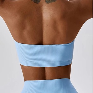 Women's Ribbed Racerback Sports <b>Bra</b> Solid Light <b>Blue</b> Breathable Quick Dry Medium Support Adjustable Straps Mesh Decoration - Product Image 3