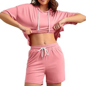 Plain Blank <b>Pink</b> Color Loose Fit Plus Size Knitted Sweatshirts Hoodie Short Set Clubwear <b>Tracksuits</b> Sweat Twin Set OEM Wholesale - Product Image 1