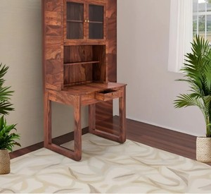<b>Solid</b> <b>Wood</b> Home Office Desk with Glass Door Hutch | Tall Study Table with <b>Bookcase</b> | Jodhpur Export - Product Image 6