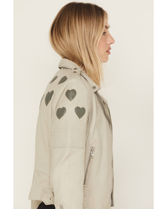 Ivory <b>Leather</b> Biker <b>Jacket</b> Women Grey Heart Patch Back Belted Moto Coat Genuine Lambskin White Cropped Cute Outerwear - Product Image 3