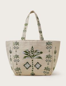 Sac fourre-tout en toile brodée, sac à main à bandoulière en feuille de palmier, ouverture supérieure, grande capacité pour les courses quotidiennes et les voyages, 100% toile de coton - Product Image 1