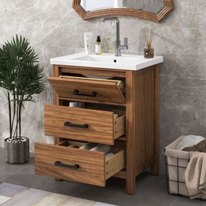 Mobile Bagno Moderno da 24 Pollici con 3 Cassetti, Lavabo in Ceramica e Armadietto Autoportante - Vanità Bagno Moderne - Product Image 3