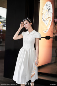 Vestido Midi Elegante de Encaje Blanco para Mujer, Cuello Peter Pan, Corte en A, Manga Corta, Ajustado, Estilo Festivo, Color Sólido, Transpirable, CINDY - Product Image 4
