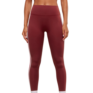 Leggings de sport pour femmes à taille haute avec logo personnalisé et bande latérale, couleur bordeaux, pour yoga et fitness - Product Image 1