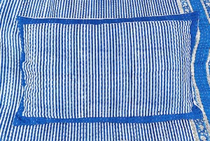 Handmade Blue Striped Cotton <b>Quilted</b> <b>Throw</b> With Floral Border Traditional Indian Home Decor All-Season Use - Product Image 3