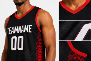 Maillot de basket-ball personnalisé pour homme, noir et rouge, col en V, sans manches, sublimé, respirant, vêtements de sport pour équipe adulte - Product Image 6