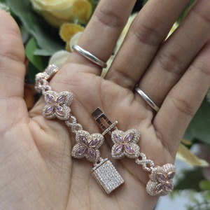 Pulsera de Plata de Ley 925 con Dije de Flor de Moissanita, Eslabones Infinitos de Lujo, Chapado en Rodio, Unisex, Regalo de Boda, Joyería Fina - Product Image 1
