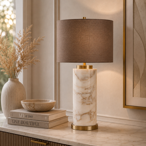 Luxury Black Marble <b>Table</b> <b>Lamp</b> With Cylindrical Pedestal Base And Refined Contemporary Ambient Lighting Design - Product Image 5