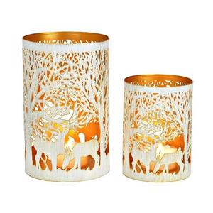 Cylinder Metal <b>Candle</b> Holders With Tree And Deer Die Cut Design White Gold Home Decoration Set Of 2 - Product Image 1