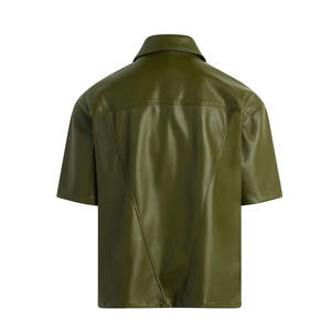 Men's Olive Green Short Sleeve Leather <b>Shirt</b> With Zipper Closure Turn-down Collar Casual Workwear Style - Product Image 2
