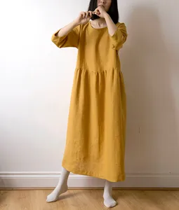 Robe longue élégante jaune moutarde pour femmes, col rond, coupe ample, avec ourlet à volants, robe midi décontractée - Product Image 5