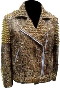 Men's PU Leather Snake Print Motorcycle <b>Jacket</b> With Gold Rivets And Spikes <b>Punk</b> Style Turn-down Collar Zipper Closure Rhinestone - Product Image 6