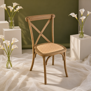 Silla Minimalista de Madera con Respaldo Cruzado y Asiento Tejido para Comedor, Muebles Industriales, Duradera y Ligera - Product Image 1