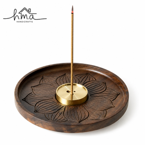 Handcrafted Brass and Wooden Lotus Incense Stick Holder Round Ash Catcher Tray for Home <b>Decor</b> Meditation and Prayer - Product Image 1
