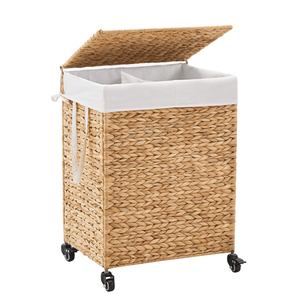 Panier à linge à 2 sections de 100 L avec couvercle et roulettes, en jacinthe d'eau naturelle tressée - Product Image 1