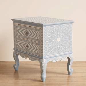 Handmade Bone Inlay Light <b>Blue</b> 2 Drawer Nightstand Floral <b>Bedside</b> <b>Table</b> Handmade Bone Inlay Furniture for Bedroom - Product Image 4