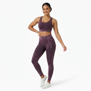 Women Burgundy Acid Wash Yoga Set Sports Bra High Waist <b>Leggings</b> Gym Fitness Workout <b>Activewear</b> - Product Image 3