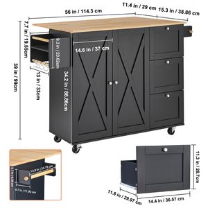 Îlot de cuisine mobile de 56 pouces avec plateau en bois, table roulante, étagère à épices rabattable, barre porte-serviettes, armoire de rangement réglable - Product Image 2
