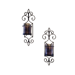 Vintage Scrollwork Metal Wall Candle Holder Set Of 2 Home Decor Black Iron Wall Sconces with Hurricane Glass for Living Room - Product Image 4