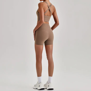Ensemble de sport pour femme : soutien-gorge bleu clair uni et short taille haute, dos ajouré, sans couture, respirant, en Spandex et Polyester, pour l'entraînement - Product Image 4
