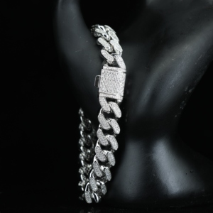 925 Solid <b>Silver</b> Cuban Link Chain <b>Bracelet</b> 12mm & 17mm Wide 2-Row Free Fire Moissanite & Diamond Stylish <b>Bangles</b> - Product Image 4