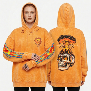 Sweat à capuche personnalisé 400 GSM bleu sarcelle délavé à l'acide pour femme, imprimé graphique poisson pêcheur des grands fonds, streetwear vieilli, coupe courte - Product Image 5