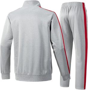 <b>Men's</b> Gray <b>Red</b> Stripe Track <b>Suit</b> Set Stand Collar Zipper Front Knitted Polyester Cotton Breathable Sporty Autumn Wear - Product Image 2