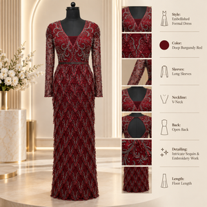Robe de soirée ornée de paillettes |   Robe de soirée longue à manches longues et col en V avec dos ouvert, longueur au sol, pour fêtes, mariages et événements élégants - Product Image 5