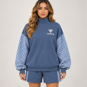 Women's Dusty Blue Polka Sleeve Mock Neck 2-Piece <b>Shorts</b> <b>Set</b> Custom Casual Sportswear - Product Image 1