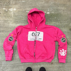 Sweat à capuche zippé pour homme en molleton épais, coupe courte, style streetwear personnalisé, avec patch brodé appliqué effet vieilli et délavé à l'acide - Product Image 2