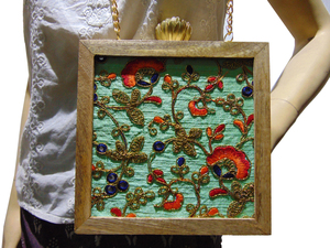 Handmade Wooden Clutch With Floral Embroidery <b>Green</b> Fabric Evening Party Bag - Product Image 6