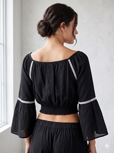 Blusa de Rayón para Mujer con Cuello Redondo, Manga Campana, Lazo Delantero, Corte Regular, Estilo Corto, Casual Vintage para Primavera, Verano y Otoño - Product Image 2