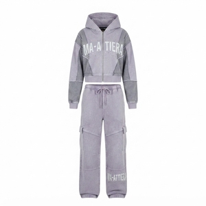 Women Washed <b>Cropped</b> Zip Up Hoodie and Wide Leg Cargo <b>Jogger</b> Pants Two Piece Tracksuit Set - Product Image 3