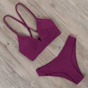 Women's Pink Bikini Set Crossed Halter Top Tie Side Bottom <b>Thong</b> Swimwear Stretch Spandex Polyester Solid Color - Product Image 4