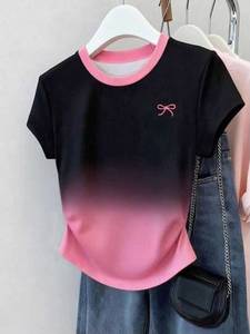 Camiseta Corta de Mujer con Bloques de Color Degradado, Cuello Redondo, Manga Corta, con Bordado de Lazo, Ropa Casual de Verano - Product Image 1