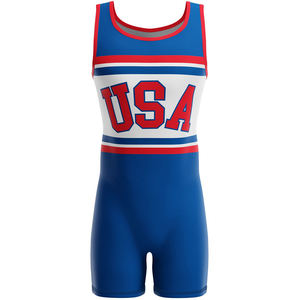 Maillot de lutte américain pour homme, ajusté, bleu, rouge, blanc, imprimé par sublimation, polyester extensible, adulte, vêtements de sport AMI - Product Image 1