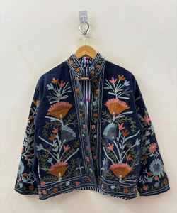 Custom Indian Floral Hand Embroidered Velvet Jacket Women Winter Warm Open Front <b>Short</b> Coat Reversible Striped Lining Outerwear - Product Image 4