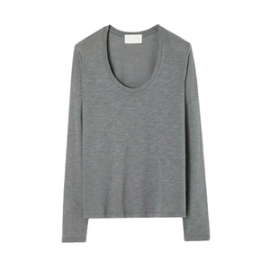 Haut décontracté gris à col rond et manches longues pour femme, en tricot 100 % coton respirant, coupe classique, couleur unie, basique - Product Image 3