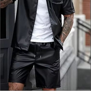 Shorts en cuir véritable pour homme, noirs, décontractés, style club, avec poches, fermeture éclair courte, en peau d'agneau, toucher doux - Product Image 1