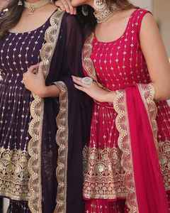 Totalmente cosido Gharara Salwar Kameez traje 5mm lentejuelas bordado pesado Faux Georgette 2,3 M tela a juego Dupatta indio - Product Image 1