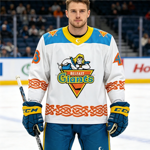 Maillot de hockey sur glace personnalisé pour homme, sublimé, blanc, bleu, orange, respirant, en polyester, avec nom et numéro du joueur, uniforme - Product Image 4
