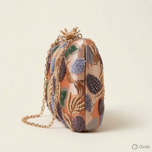 Pochette de soirée brodée florale et perlée avec perles de cristal, pour mariage, avec bandoulière chaîne et fermeture à rabat - Product Image 2