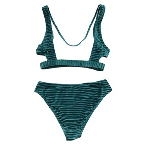 Traje de Baño Elegante de Dos Piezas Ocean Breeze con Escote en U Profundo, Espalda con Cordones y Recortes Laterales Modernos para Fiestas en la Piscina - Product Image 1