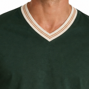 Stylish trendy Men's Dark Green V-Neck T-Shirt with Cream and Tan Double Stripe Ribbed v neck and Sleeve Cuffs - Product Image 3