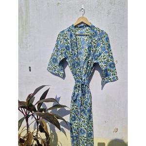 Robe Kimono en Coton Bleu à Motifs Floraux pour Femme, Peignoir Léger Bohème, Robe de Plage Kimono d'Été, Tenue d'Intérieur - Product Image 1