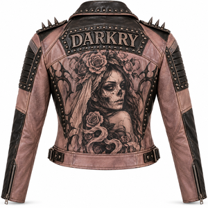 Custom Made Dusty Pink Black Leather Jacket <b>Women</b> Sugar Skull Printed Studded Biker <b>Outerwear</b> OEM ODM Offer Service Provider - Product Image 2